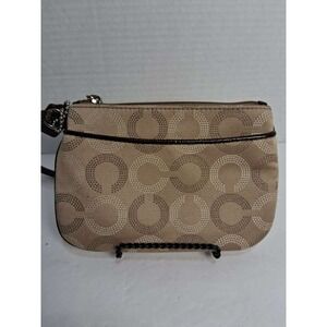 Coach‎ Monogram Wristlet Pouch Tan Brown Signature C Logo Leather Trim Zip